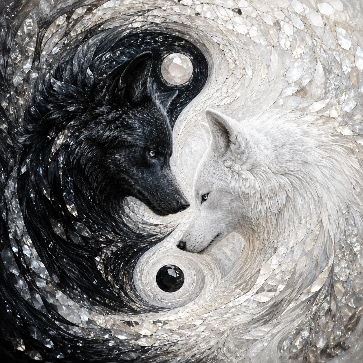 Lobos preto e branco em um mosaico inspirado em yin yang