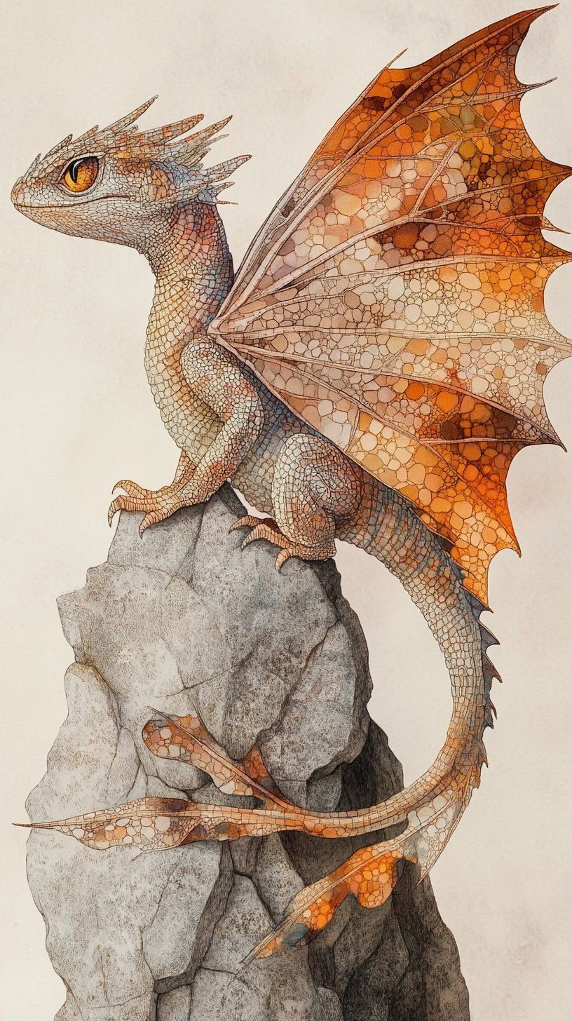 Minuscule dragon aux ailes en forme de feuilles perché sur une pierre fracturée