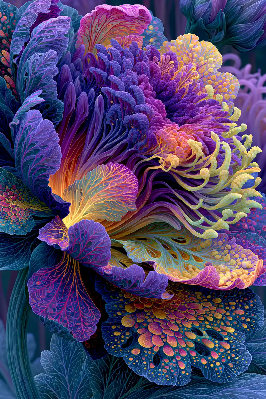 Suggestiva visione luminosa all'interno di un vibrante fiore fantastico