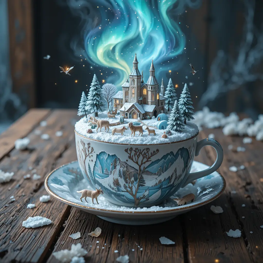 Miniature Winter Kingdom Rising From A Porcelain Cup