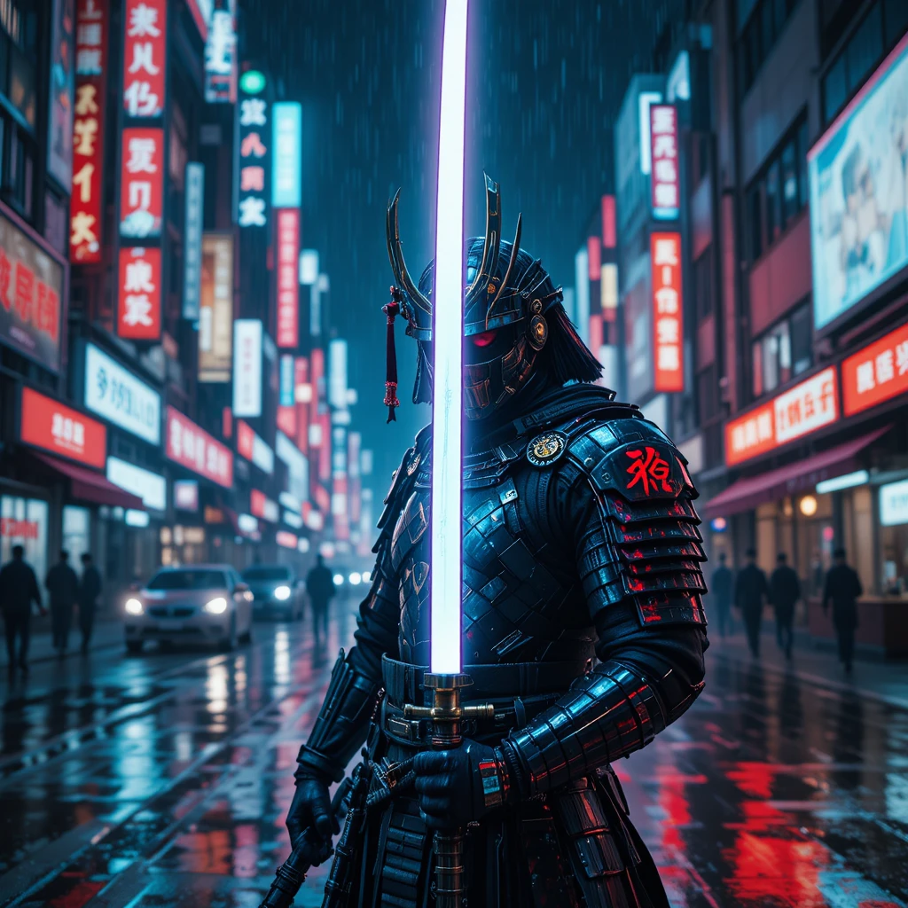Cyberpunk-Samurai-Frau in neonbeleuchteter, regnerischer Straße in Tokio