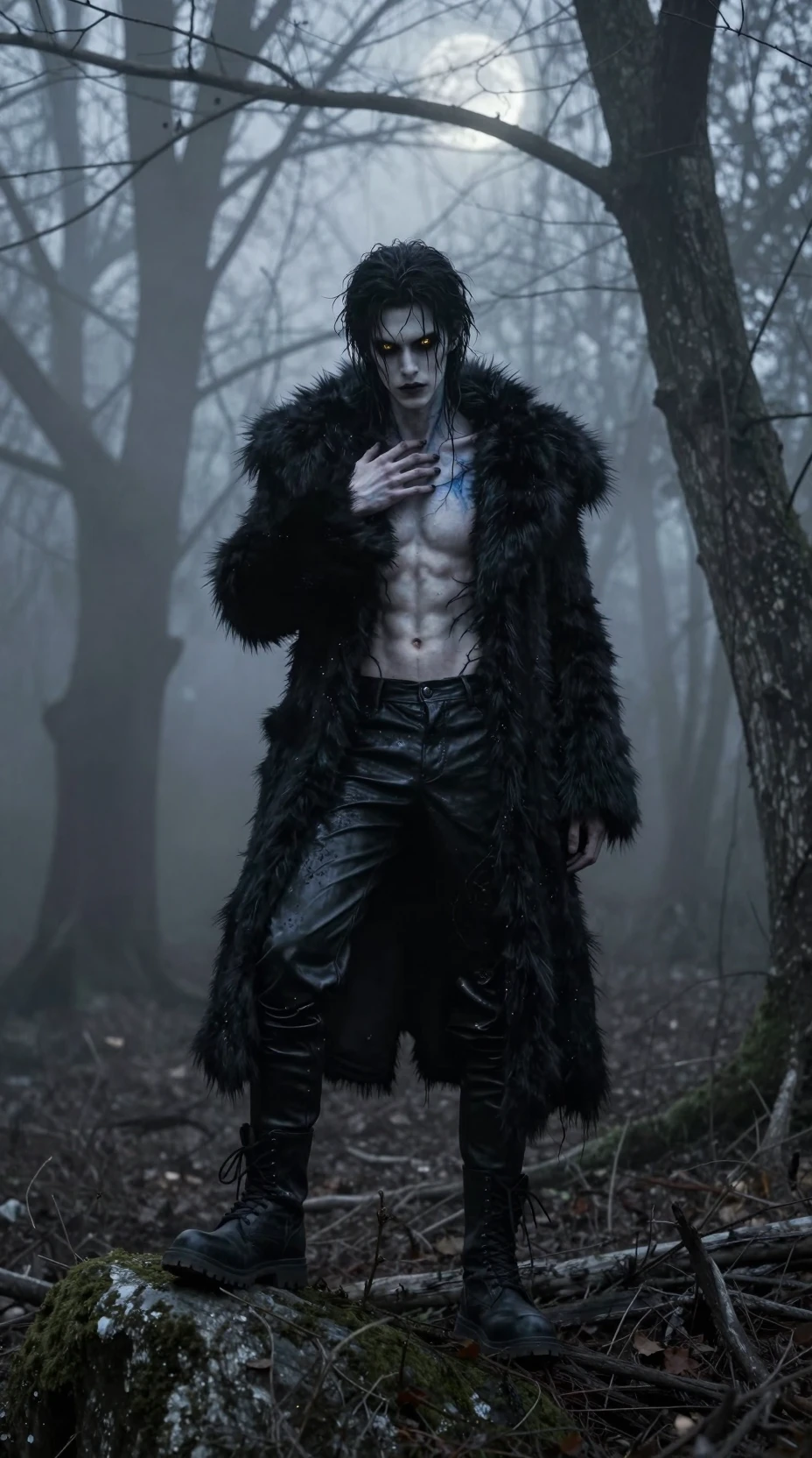Homme gothique androgyne dans une forêt hivernale brumeuse