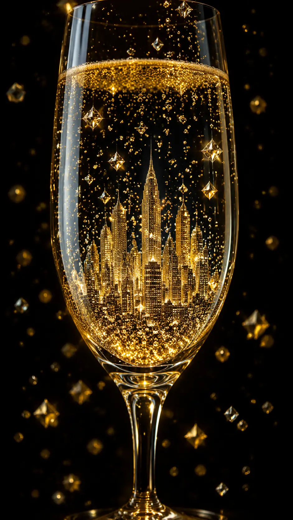 Champagner-Glas-Stadt mit goldenen Funken auf schwarzem Hintergrund