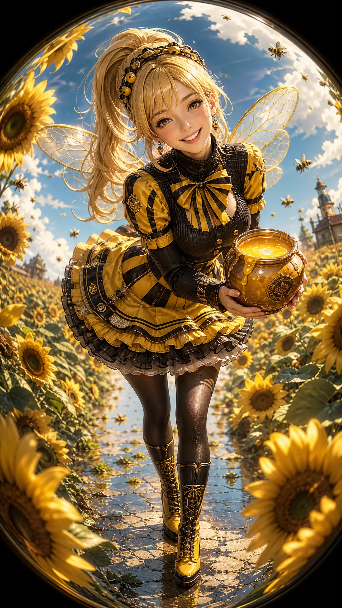 向日葵花田中的蜂蜜仙子女孩與蜂蜜罐