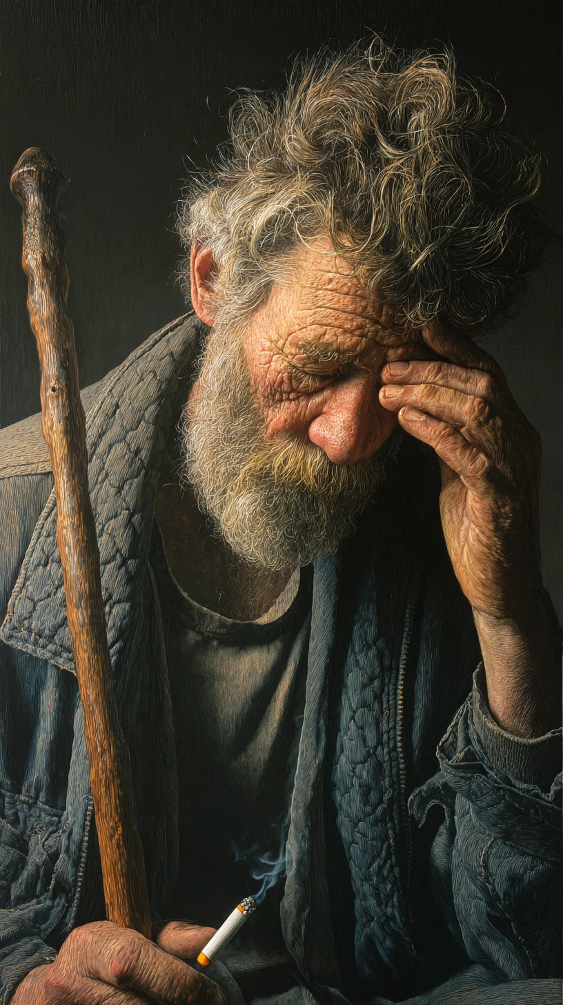 Velho cansado com cigarro em retrato pintado dramático