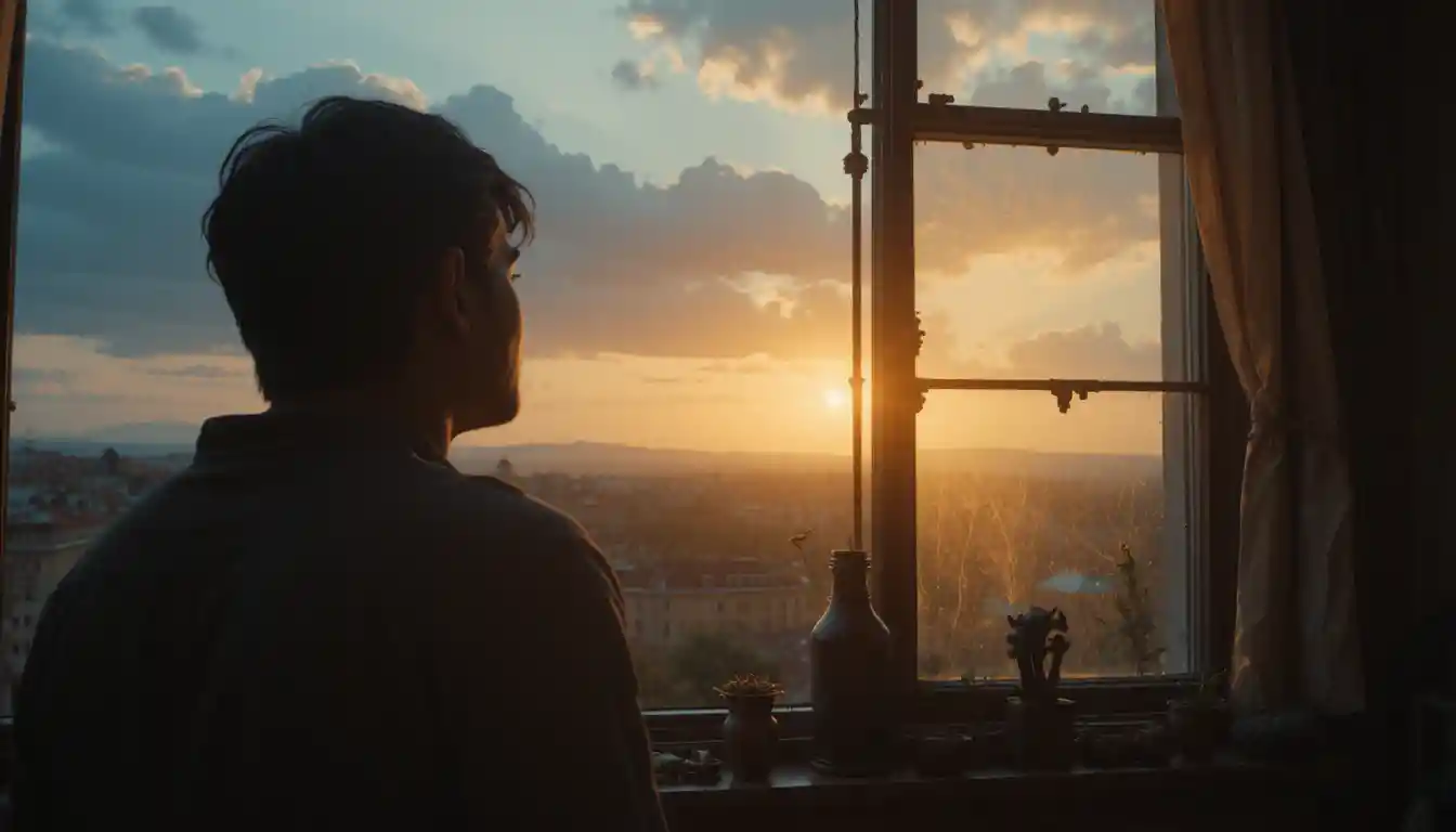 Mujer mirando por la ventana la primera luz de la mañana
