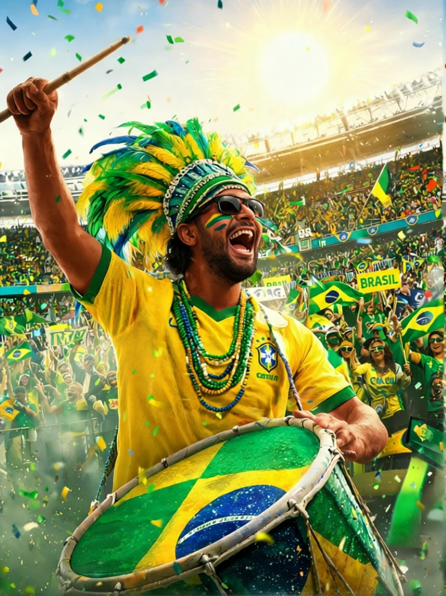 Batterista di carnevale brasiliano che esulta in uno stadio di calcio gremito
