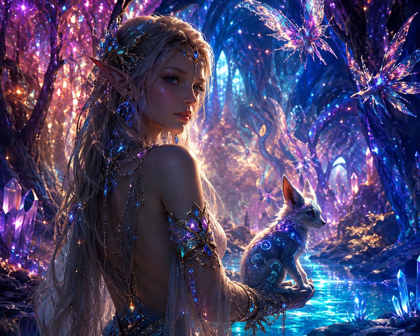 Creatura mitica in una luminosa foresta fantasy cristallina