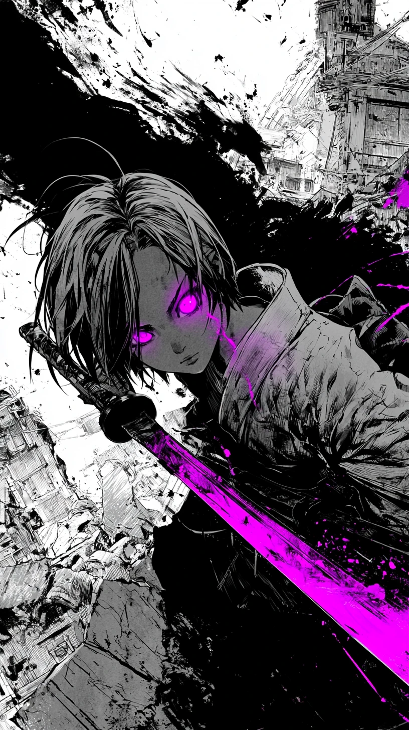 Espadachim de anime em uma paisagem urbana de néon fragmentada
