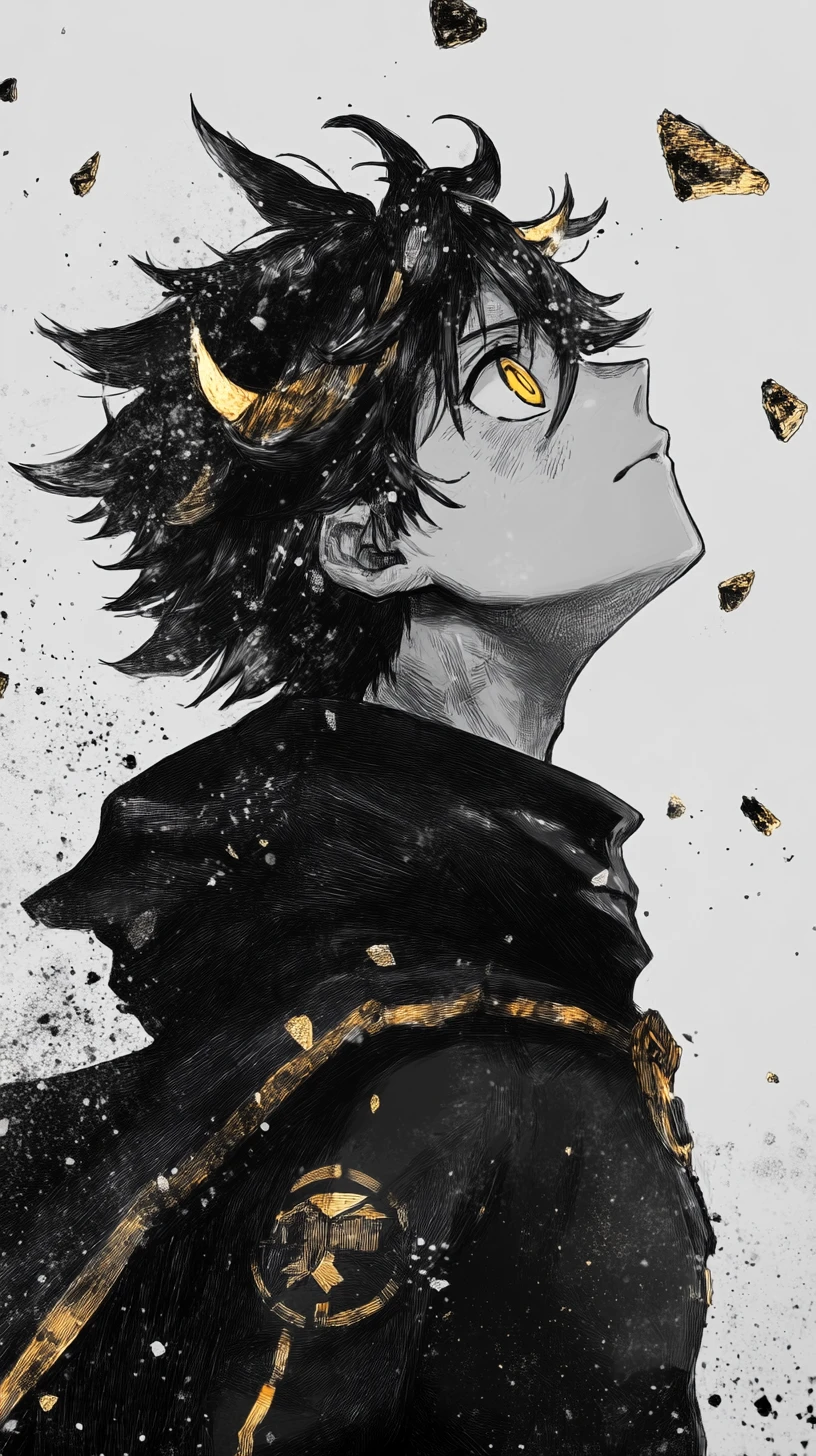 Retrato de herói de anime estoico com fragmentos dourados brilhantes