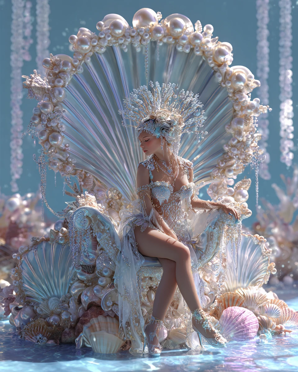 Rainha sereia em um trono de concha de pérola luminosa debaixo d’água