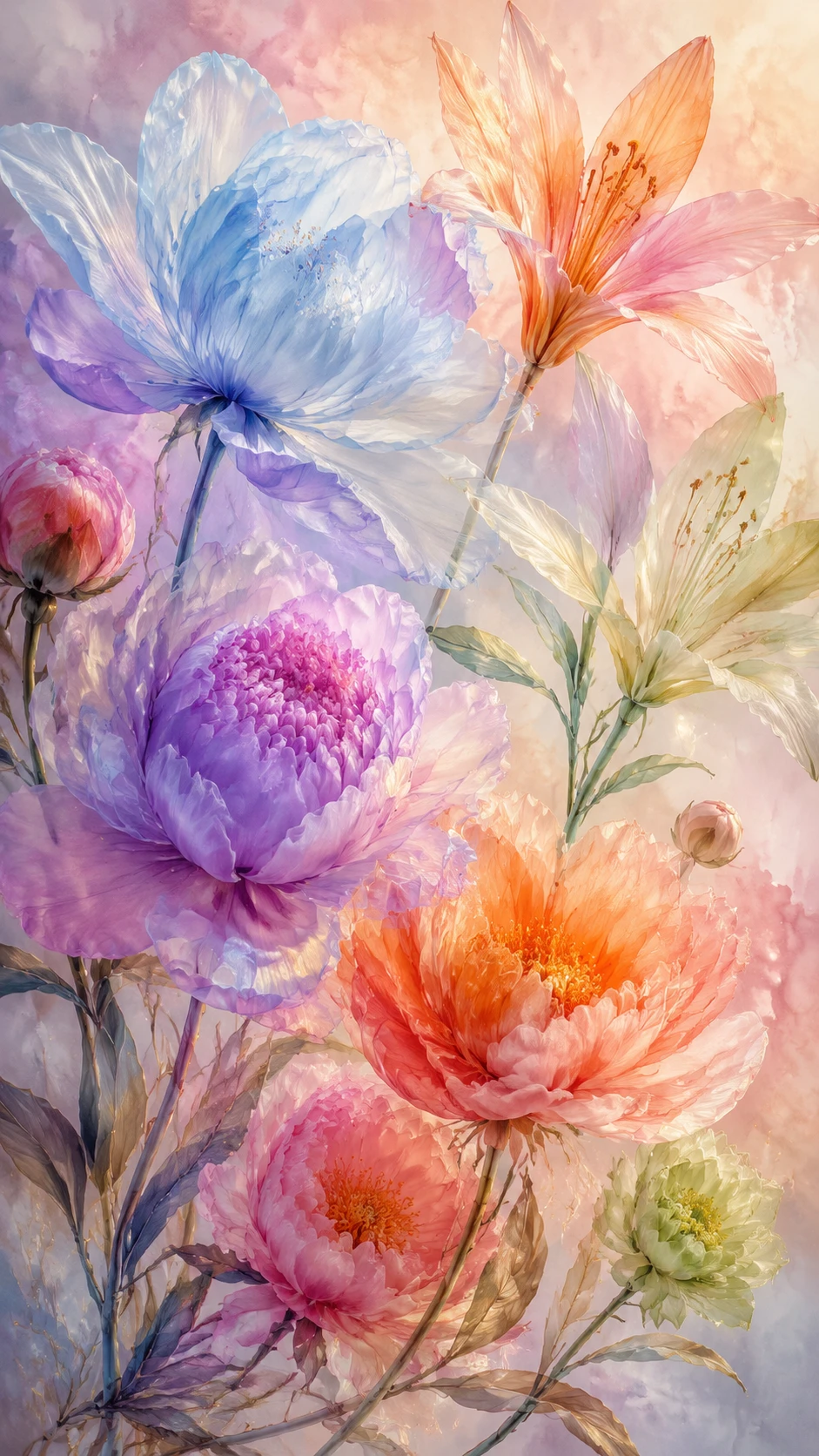 Flores etéreas em aquarela em suaves cores pastéis