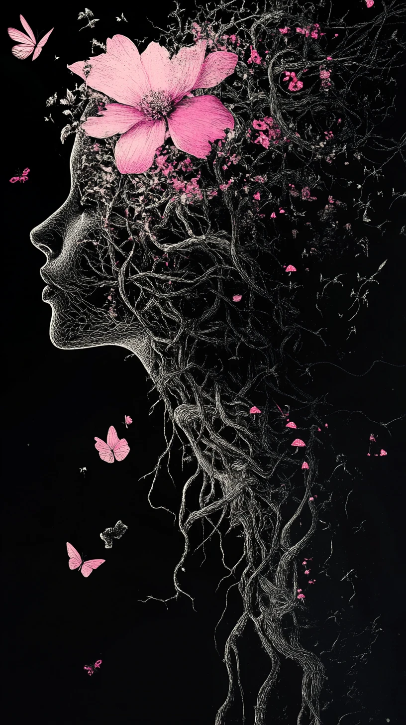 Silhouette elfique fantastique remplie d’un monde floral en plein effondrement