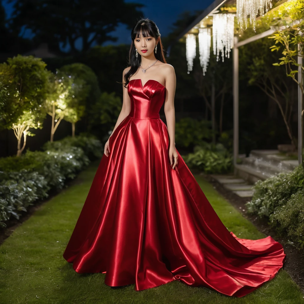 Jovem mulher em vestido de cetim vermelho em um jardim noturno