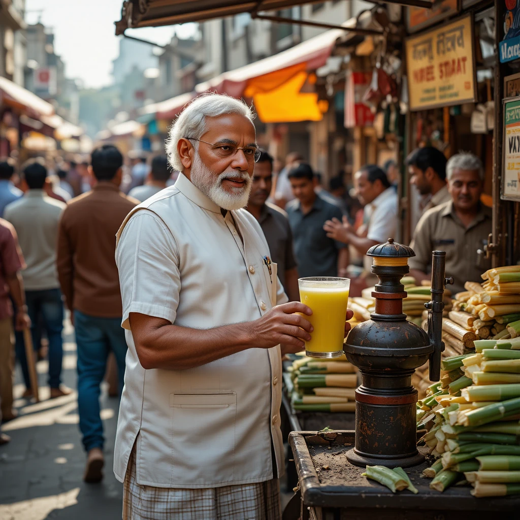 Hombre sirviendo jugo de caña en un concurrido mercado callejero de Bombay