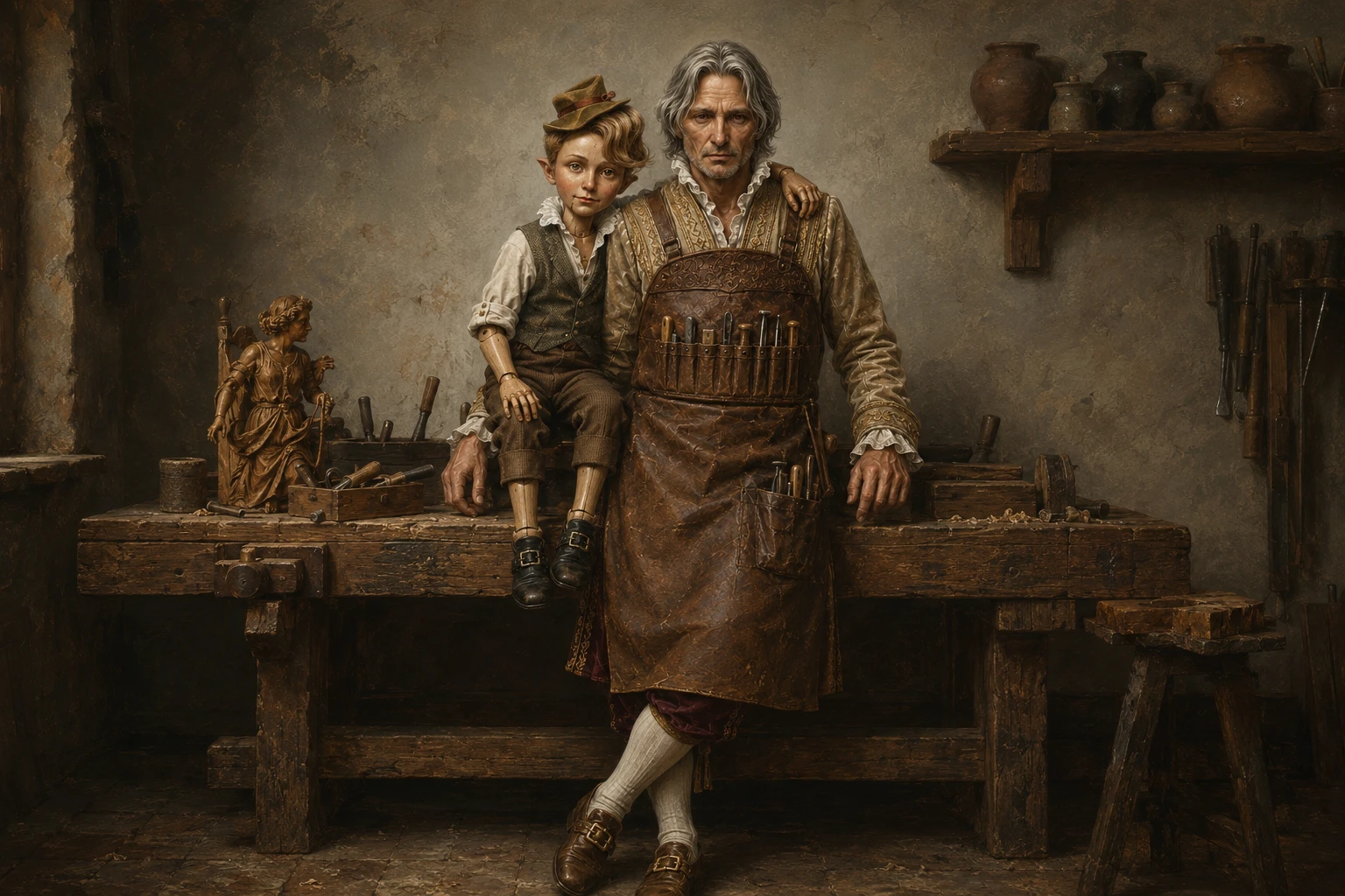 Renaissance-Porträt in voller Länge eines nachdenklichen Handwerkers
