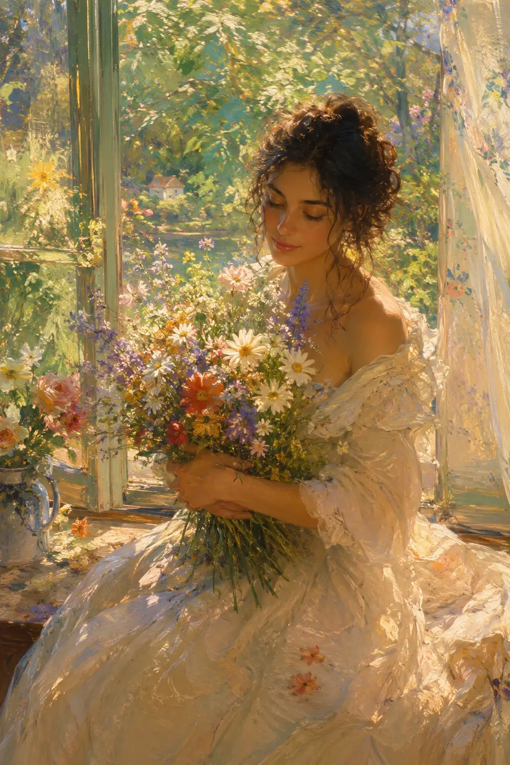 Young woman by an open window with summer flowers