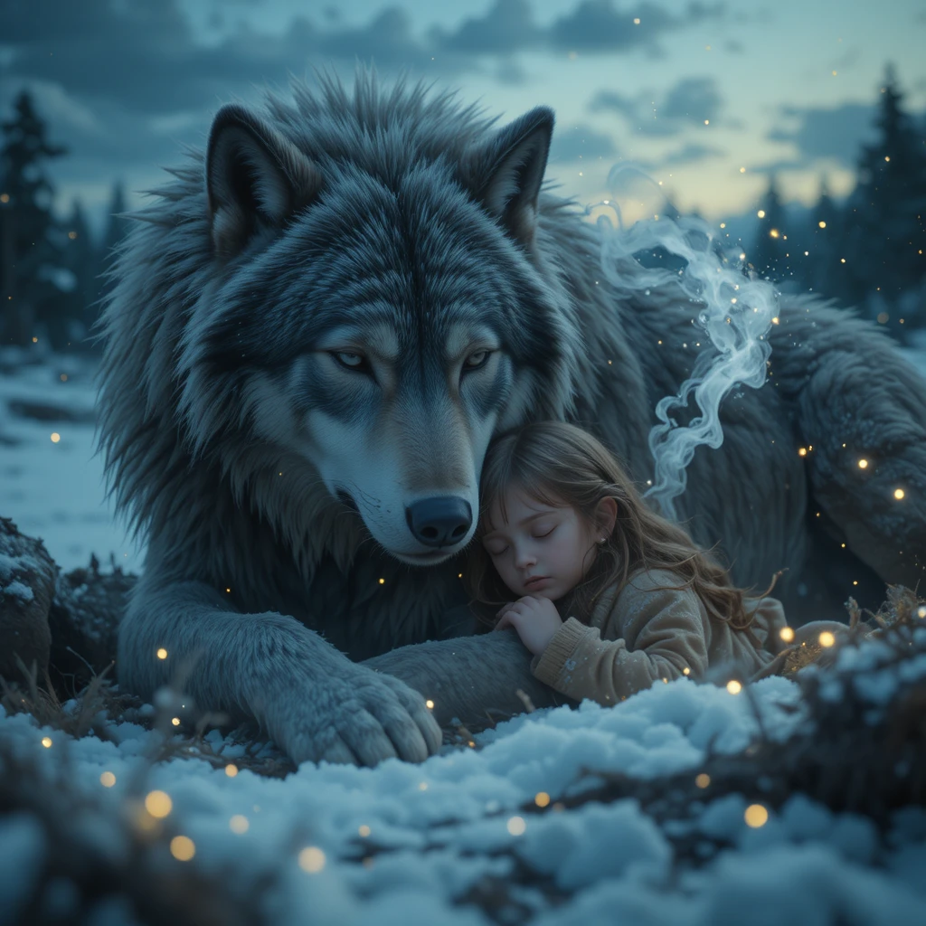 Pequena criança dormindo em segurança ao lado de um colossal lobo guardião