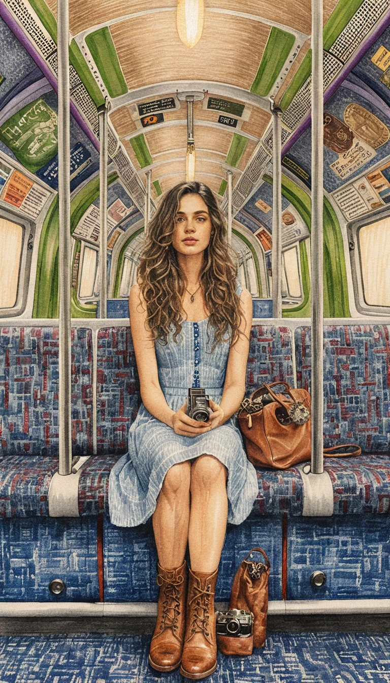 Ilustração de jovem sentada em um vagão do metrô de Londres