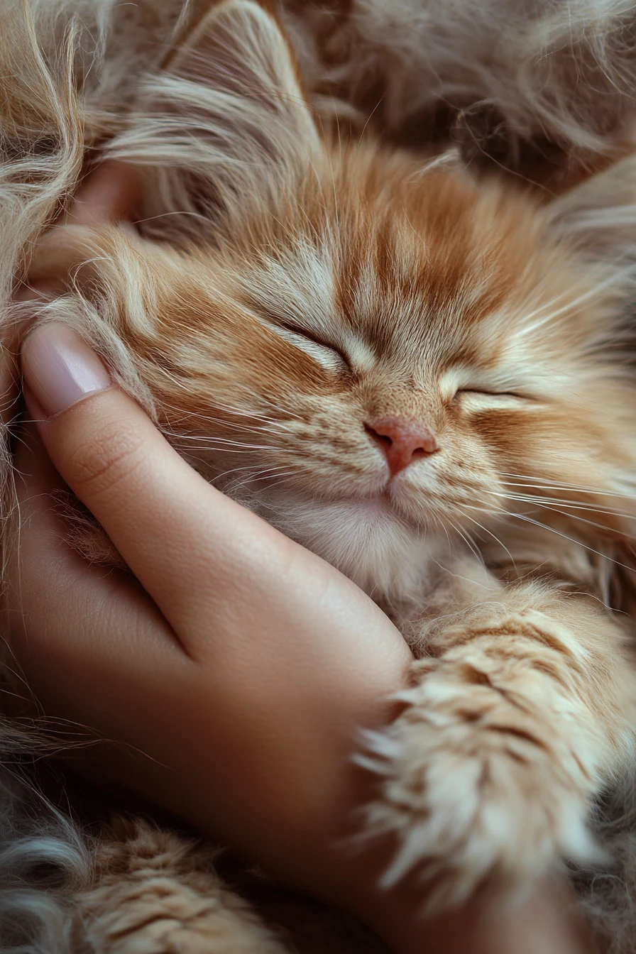 Flauschige Langhaarkatze, die wohlig schnurrt in sanfter Nahaufnahme