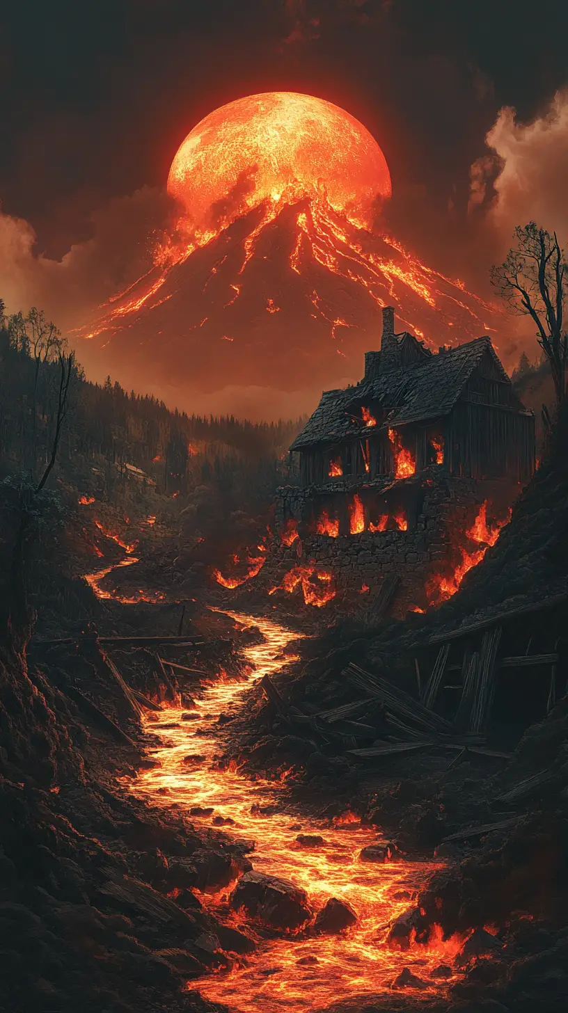 遠方噴發的火山與燃燒的熔岩河