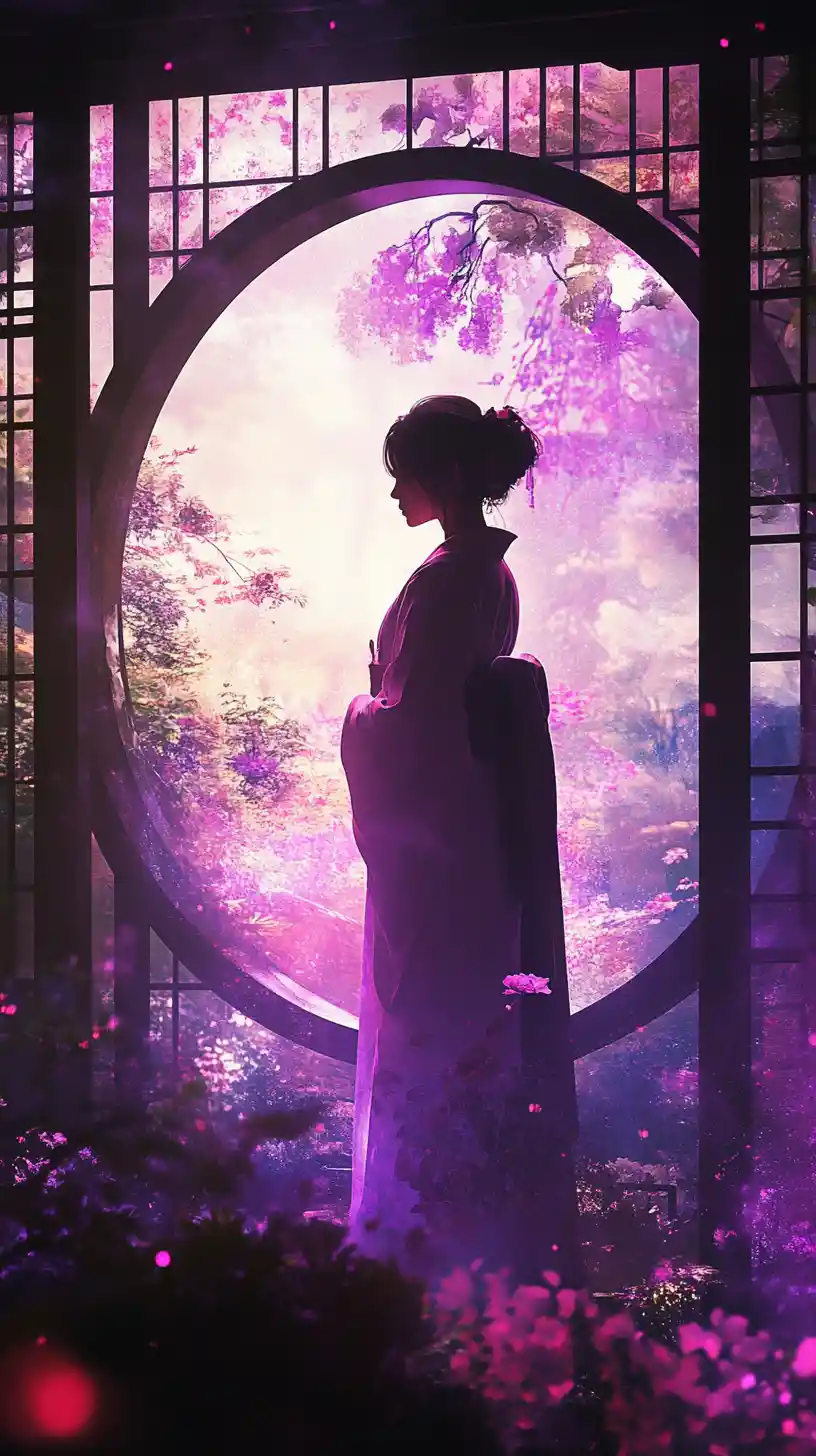 Frau im Kimono, von rundem Fenster im Fantasiegarten gerahmt