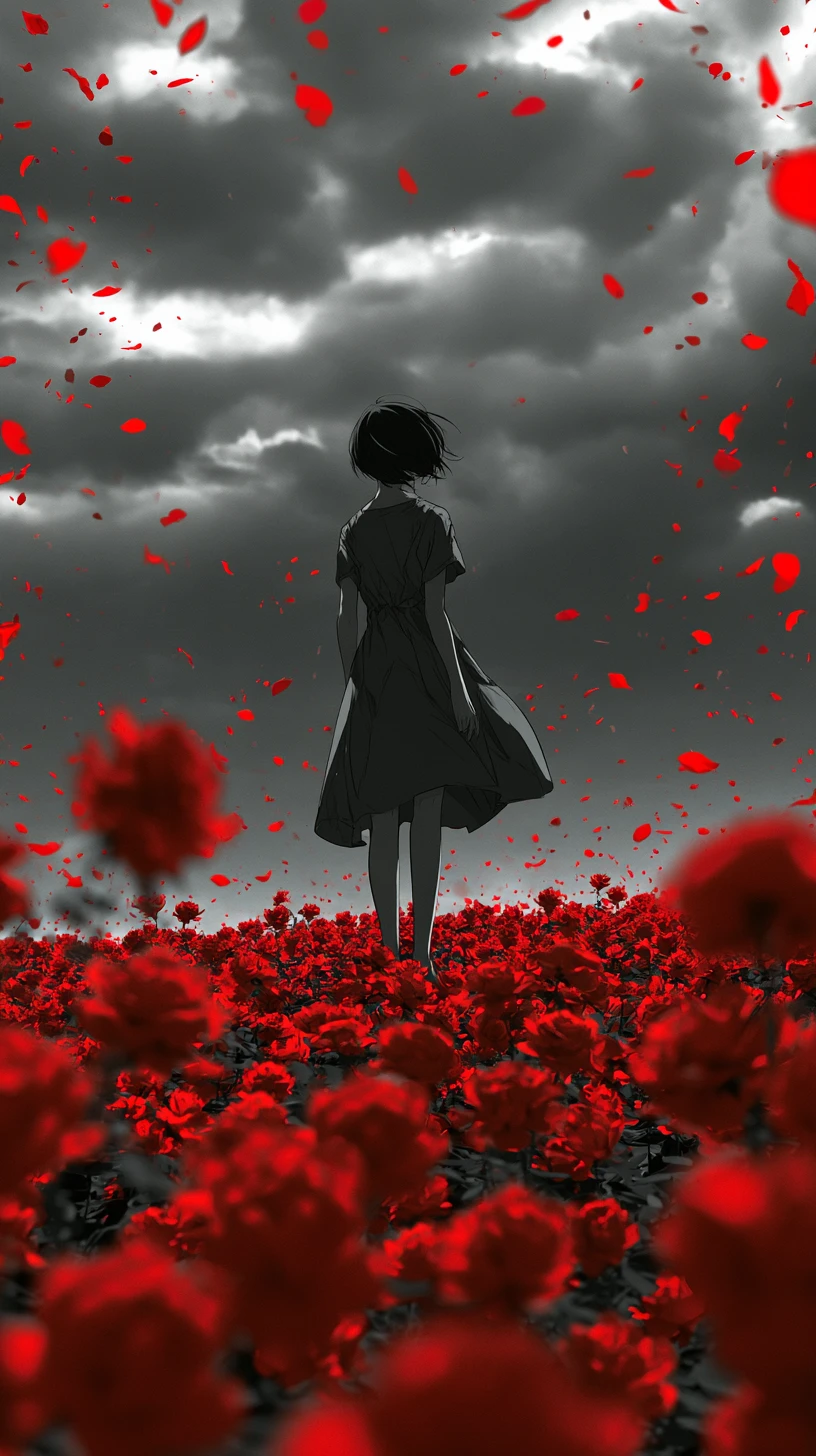 Frau in einem Feld roter Rosen unter dunklem Himmel