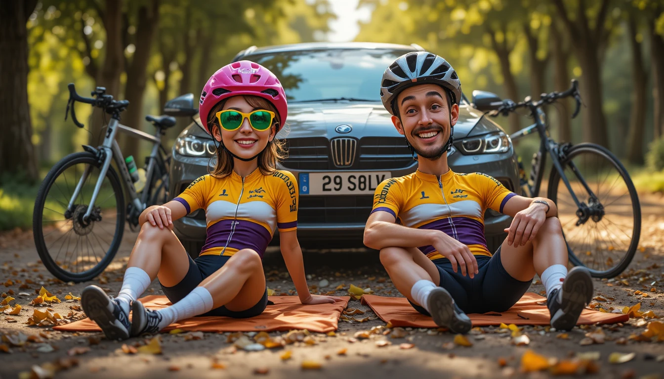 Couple de cyclistes se reposant sur des tapis orange à côté de leurs vélos