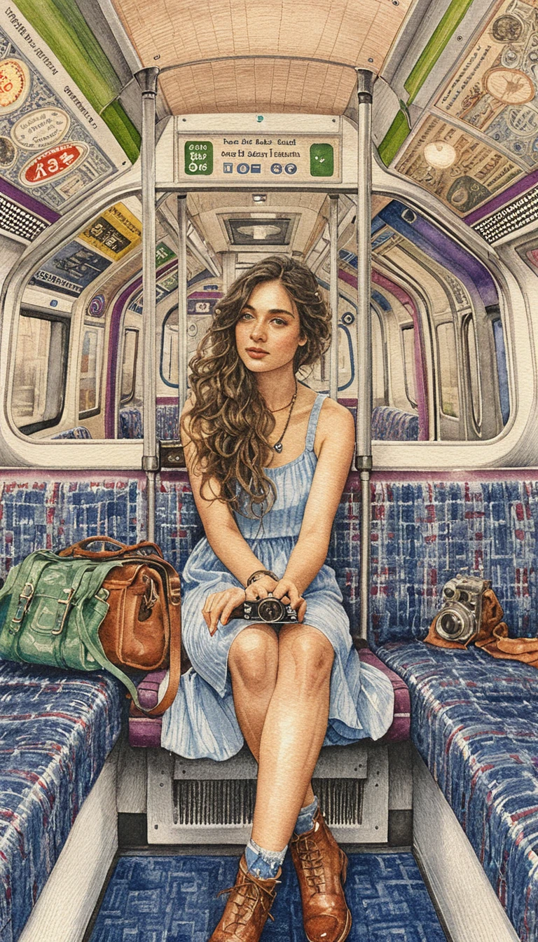 Jovem sentada em assento do metrô de Londres em ilustração a lápis