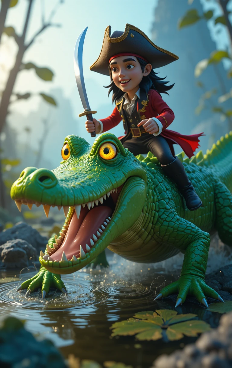 Pirate de dessin animé chevauchant un alligator vert dans un marécage