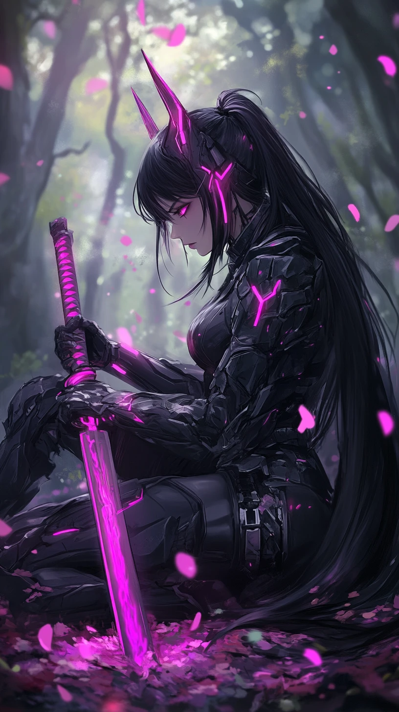Guerriera demone cyberpunk in una foresta al neon