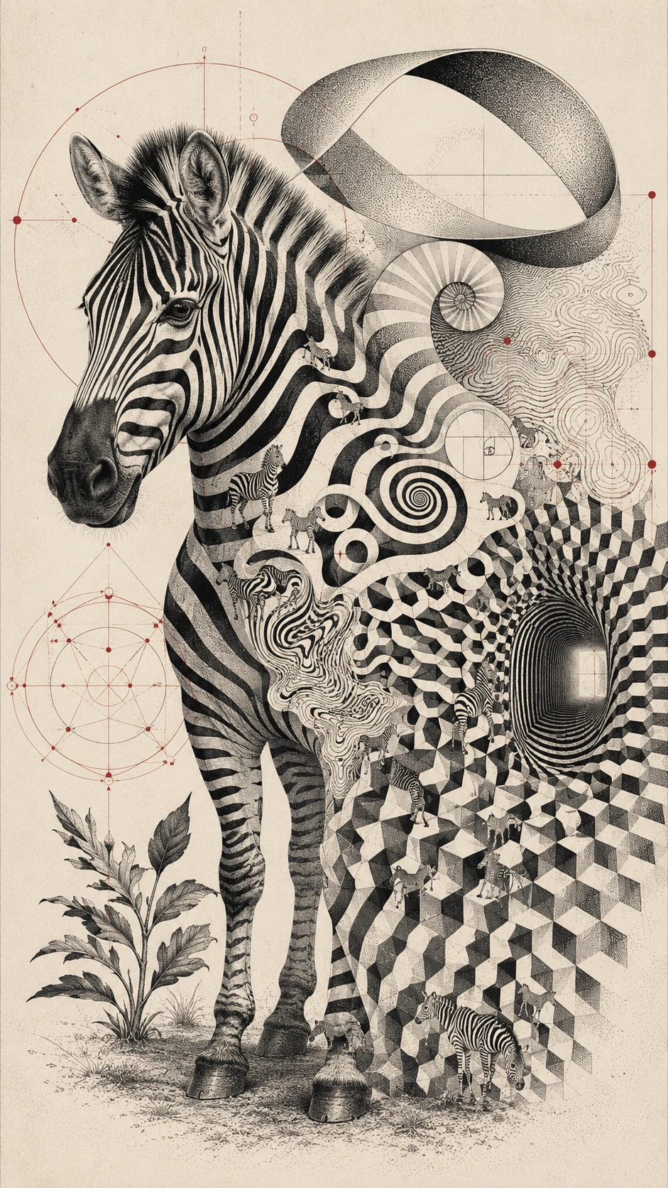Zebra surreal com padrões matemáticos em fundo abstrato