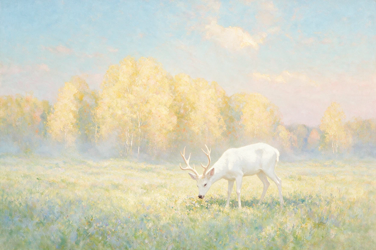 Cerf blanc dans une prairie pastel sous un ciel doux rose et bleu