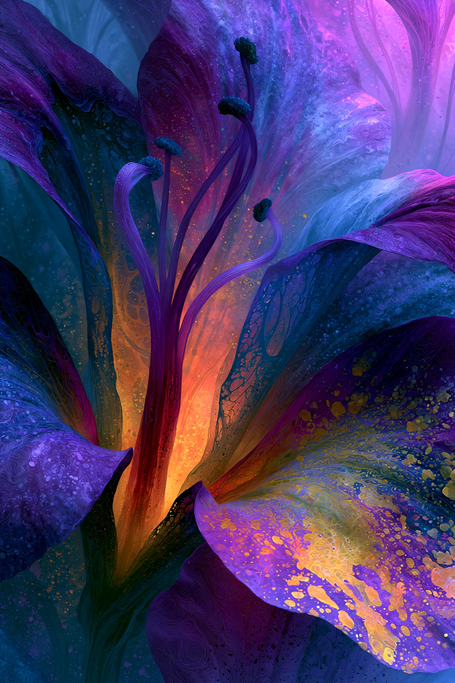 Jornada surreal dentro de pétalas e caules de flores luminosas
