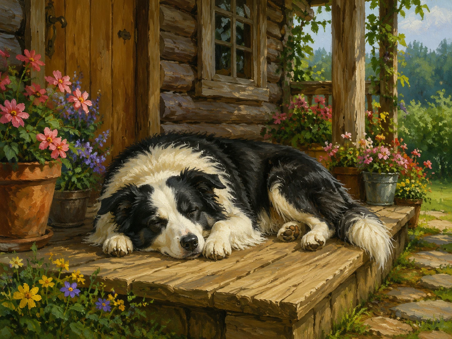 Border collie dormindo na varanda de uma cabana rústica de madeira