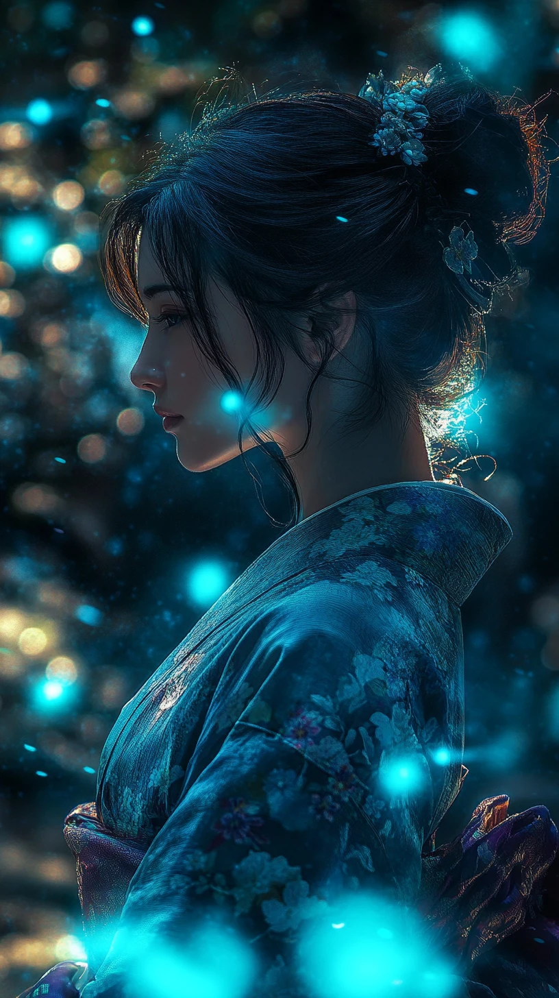 Ragazza anime in kimono in una foresta mistica luminosa