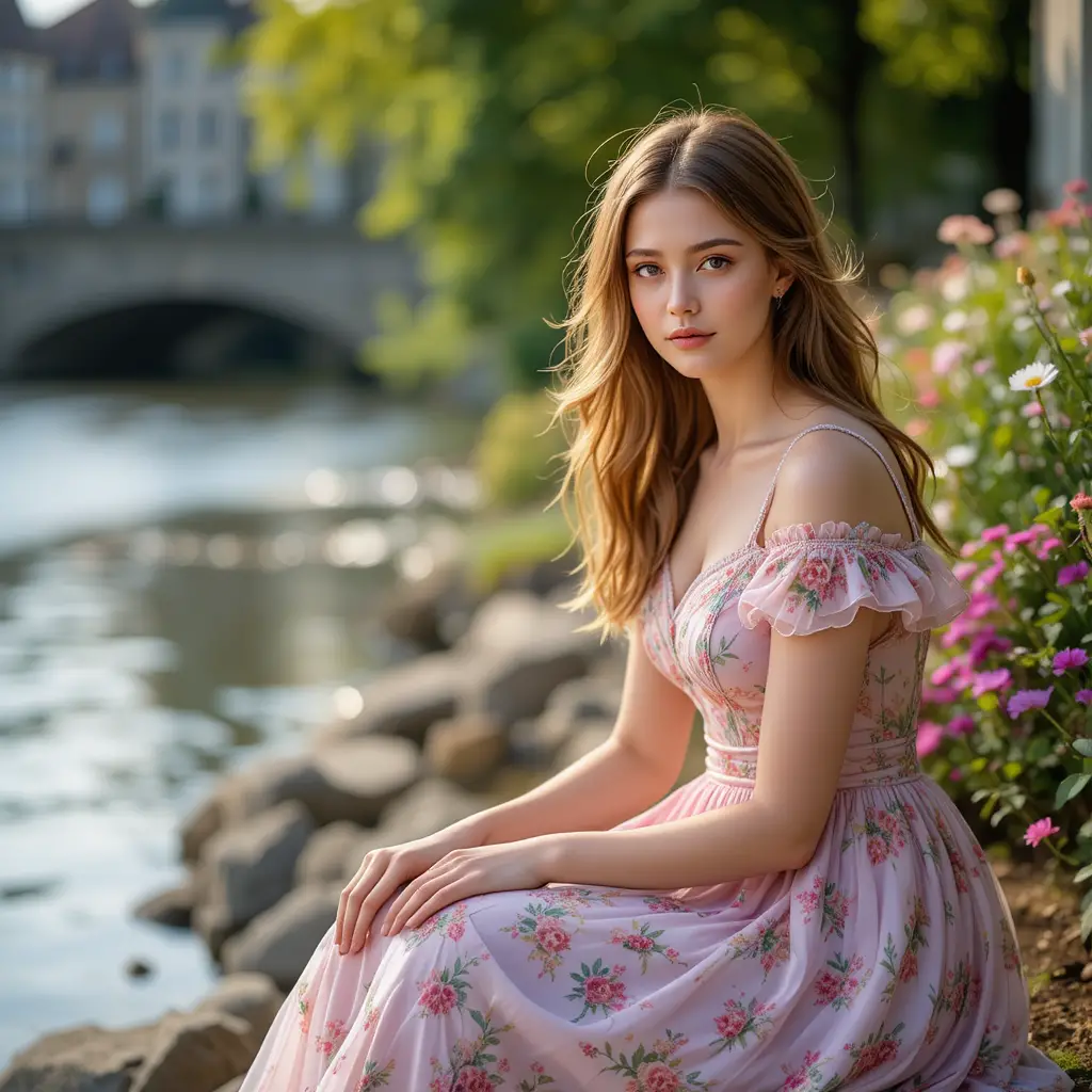 Junge Frau in verträumtem Kleid an einem sommerlichen Flussufer