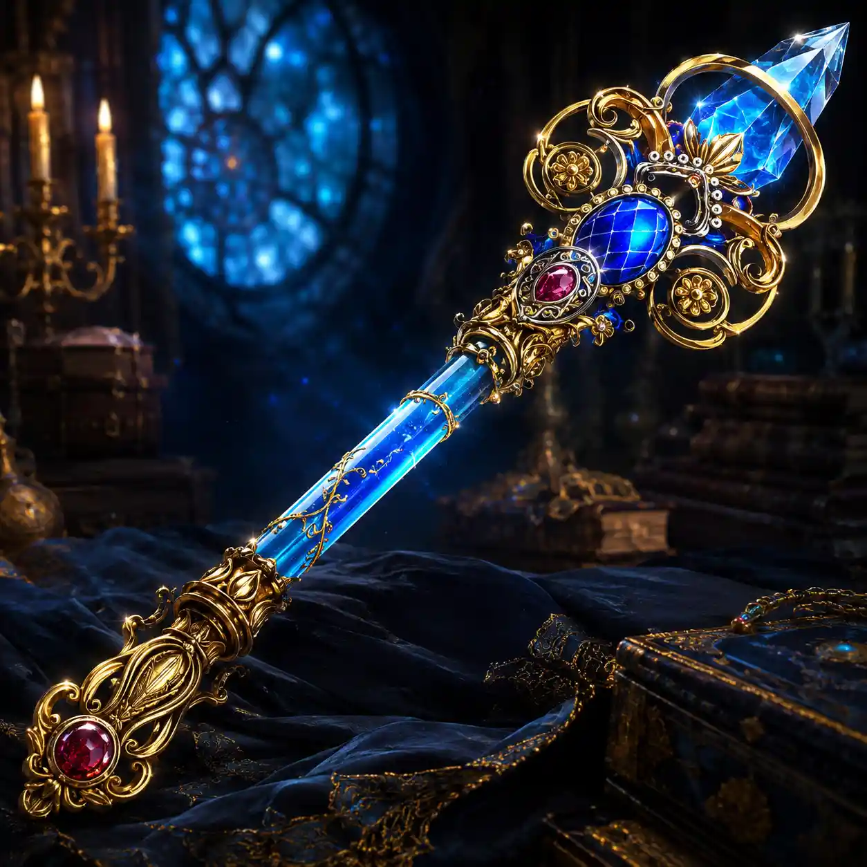 Sceptre fantastique ornementé avec manche bleu lumineux et gemmes