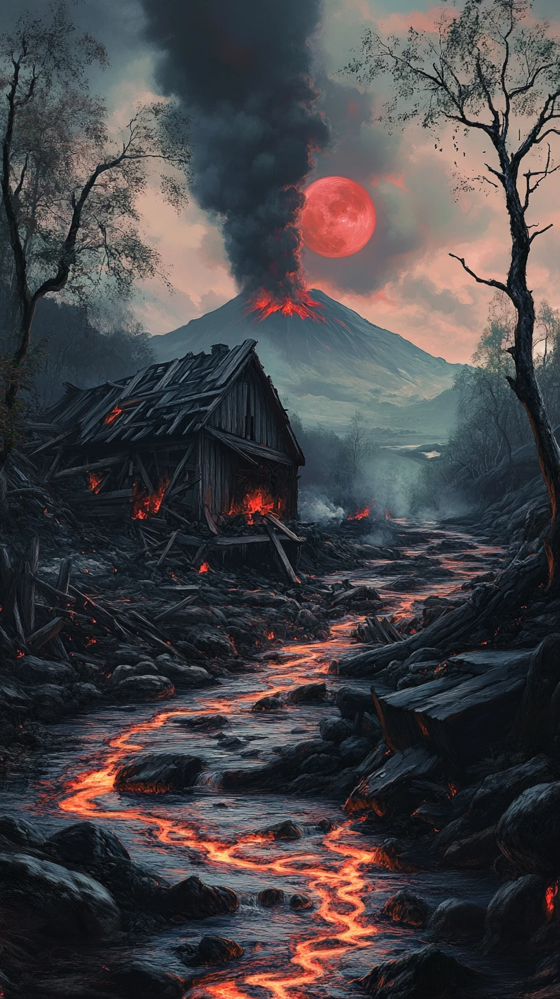 Vulcão em erupção sobre rio de lava e ruínas de madeira em chamas