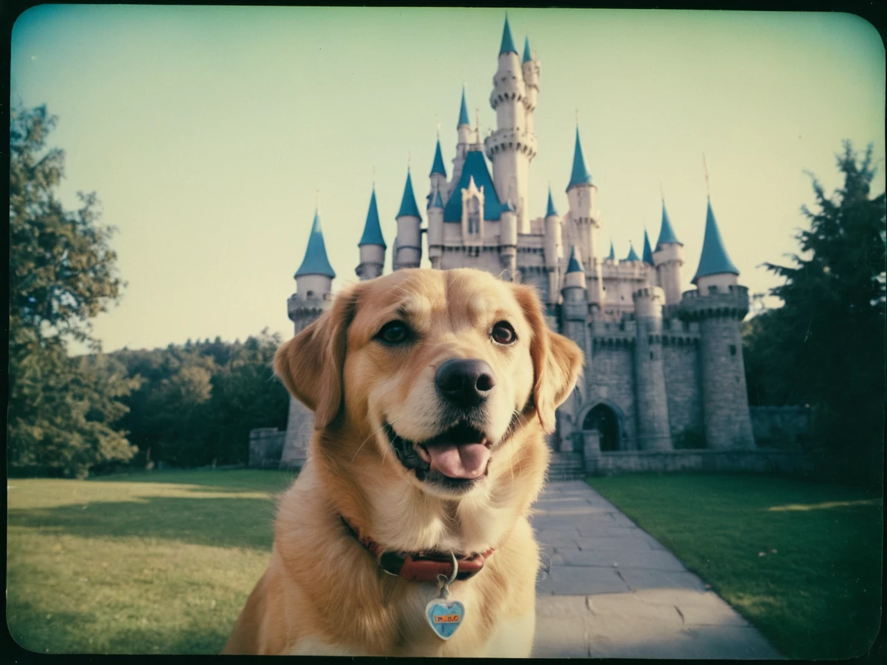 Mascotte de chien princesse debout à l’entrée d’un château fantastique