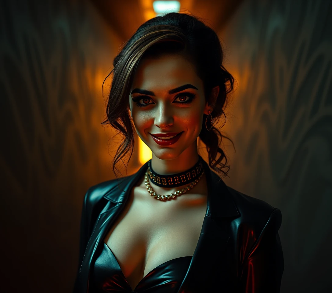 Enigmática femme fatale en un pasillo crepuscular surrealista