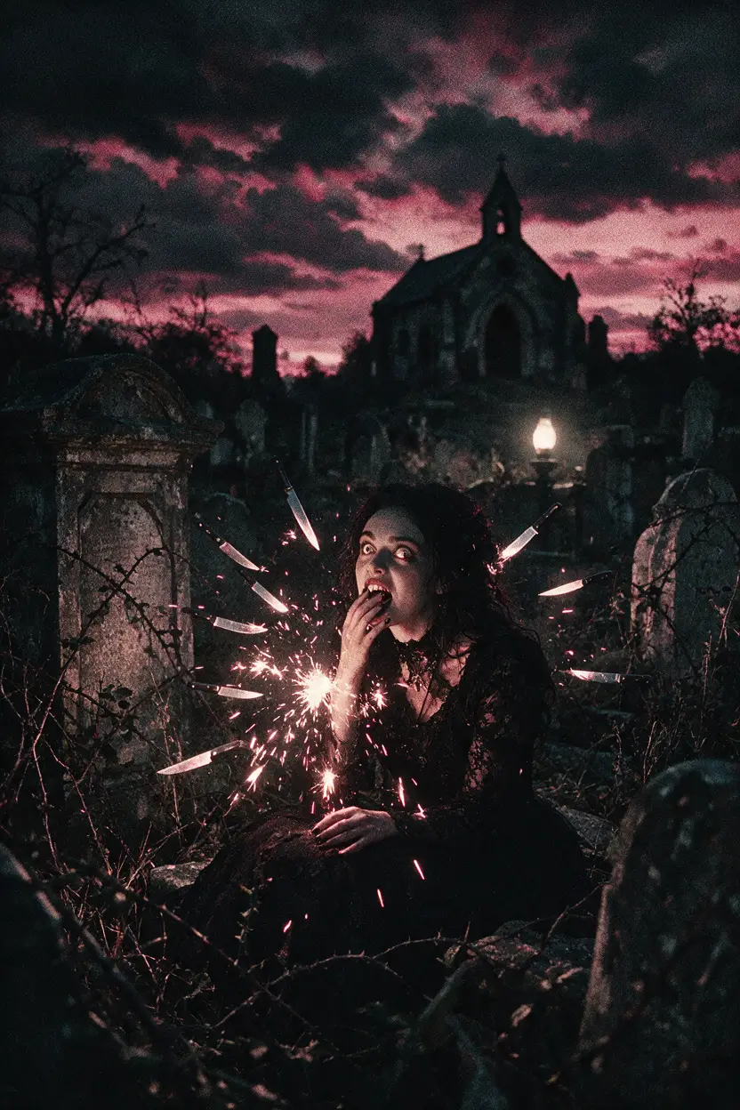 Gothic-Frau im Spitzenkleid auf einem verfallenen Friedhof in der Dämmerung