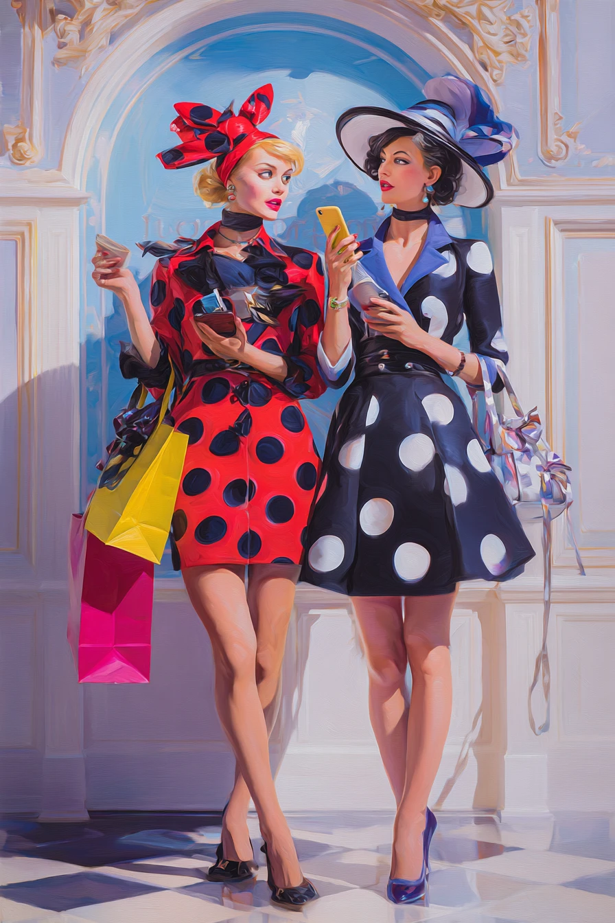 Due coccinelle fashioniste che fanno shopping in una boutique surreale