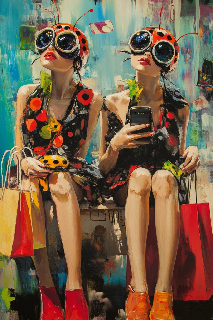 Due coccinelle fashioniste che fanno shopping in una boutique surreale