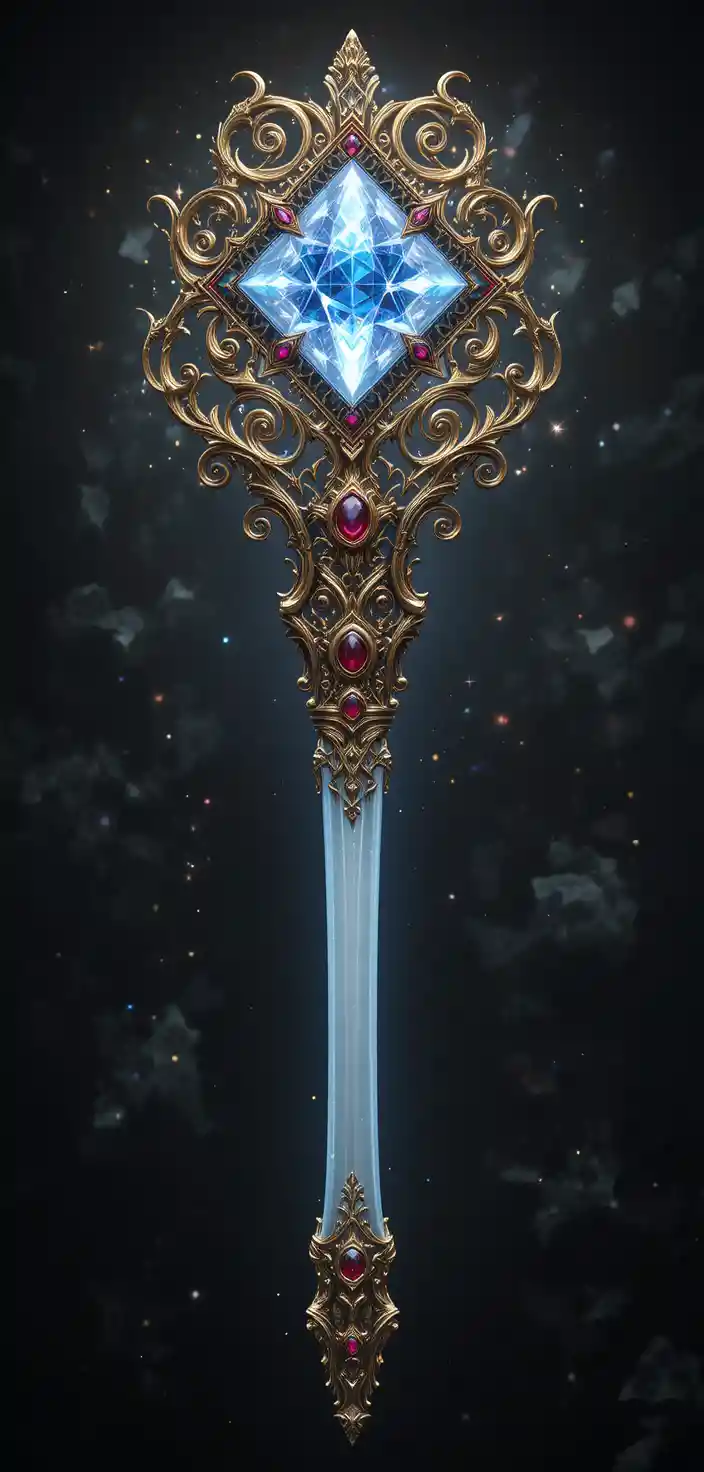 Sceptre magique orné avec cristal lumineux et pierres précieuses