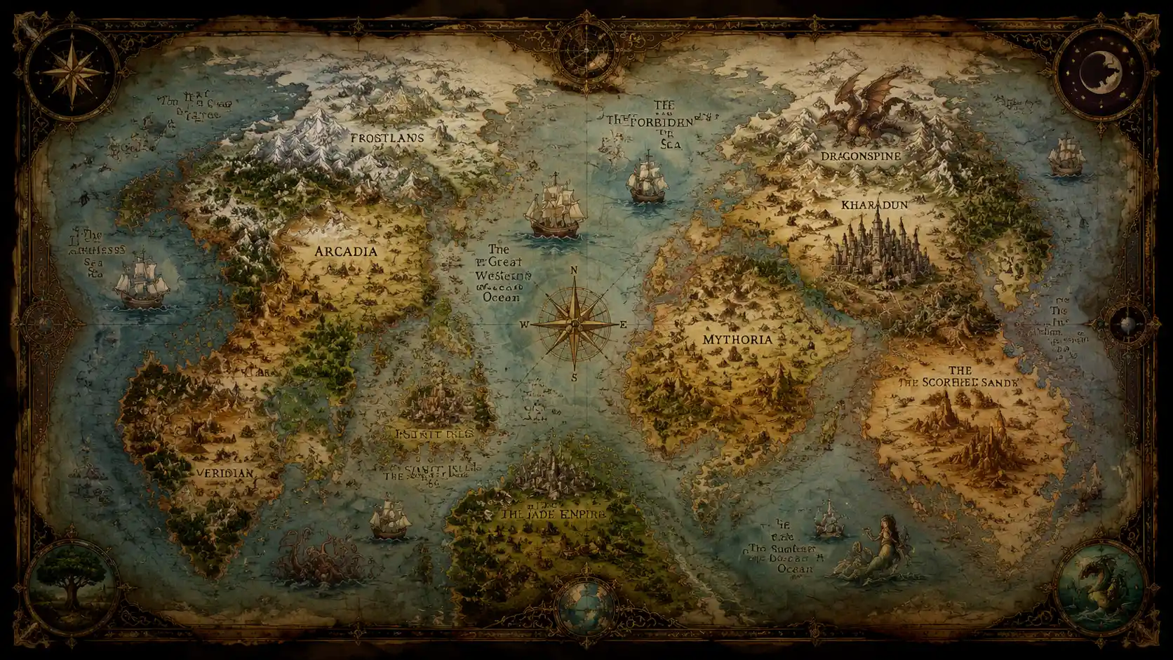 Mapa de Mundo de Fantasía Antigua con Tierras y Océanos Míticos