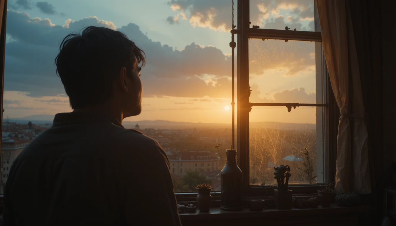 Mujer mirando por la ventana la primera luz de la mañana