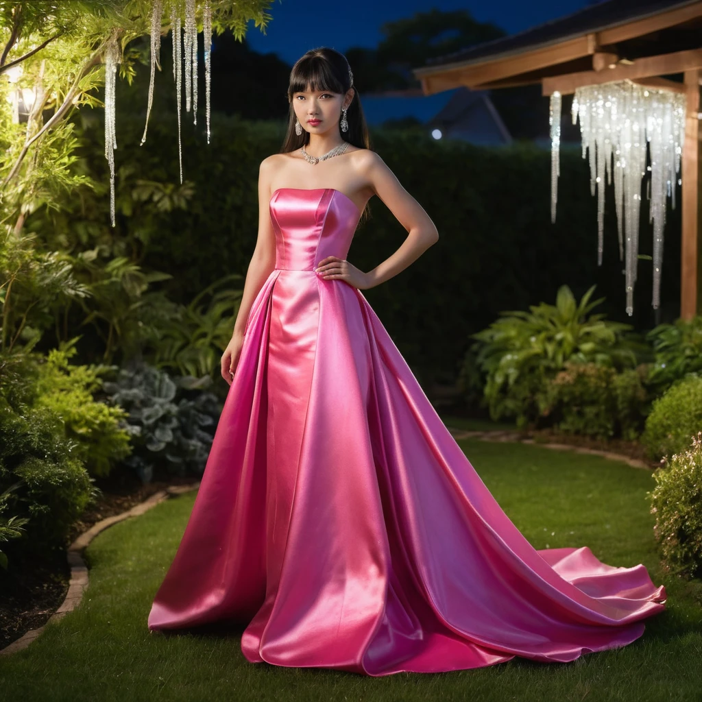 Garota elegante com vestido de cetim rosa em um jardim noturno