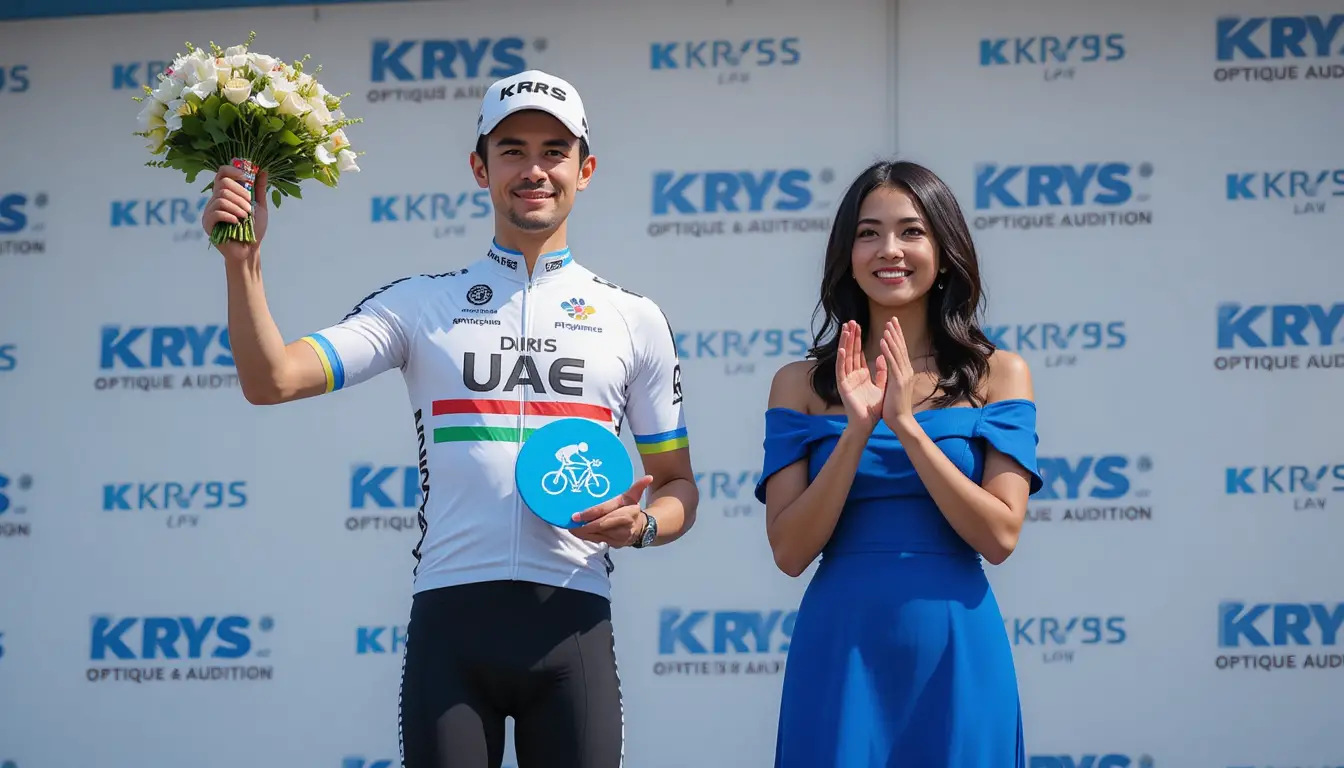 Cyclist Celebrated On Winner Podium With Applause And Awards