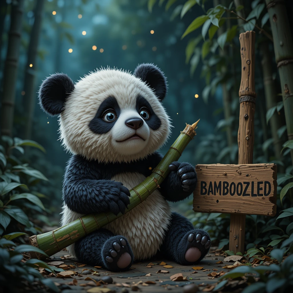 Panda confuso com bambu sob noite iluminada por vaga-lumes